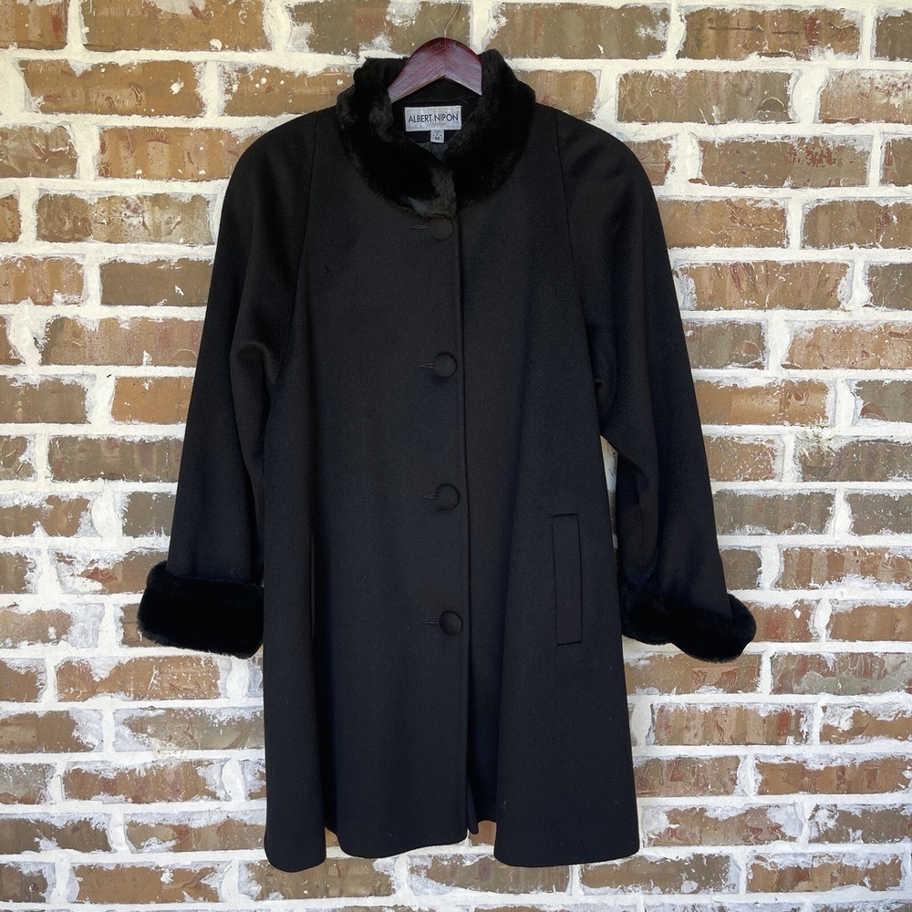 Albert Nipon Overcoat Women's Medium Black 100% Wool Button Long Sleeves USA‎